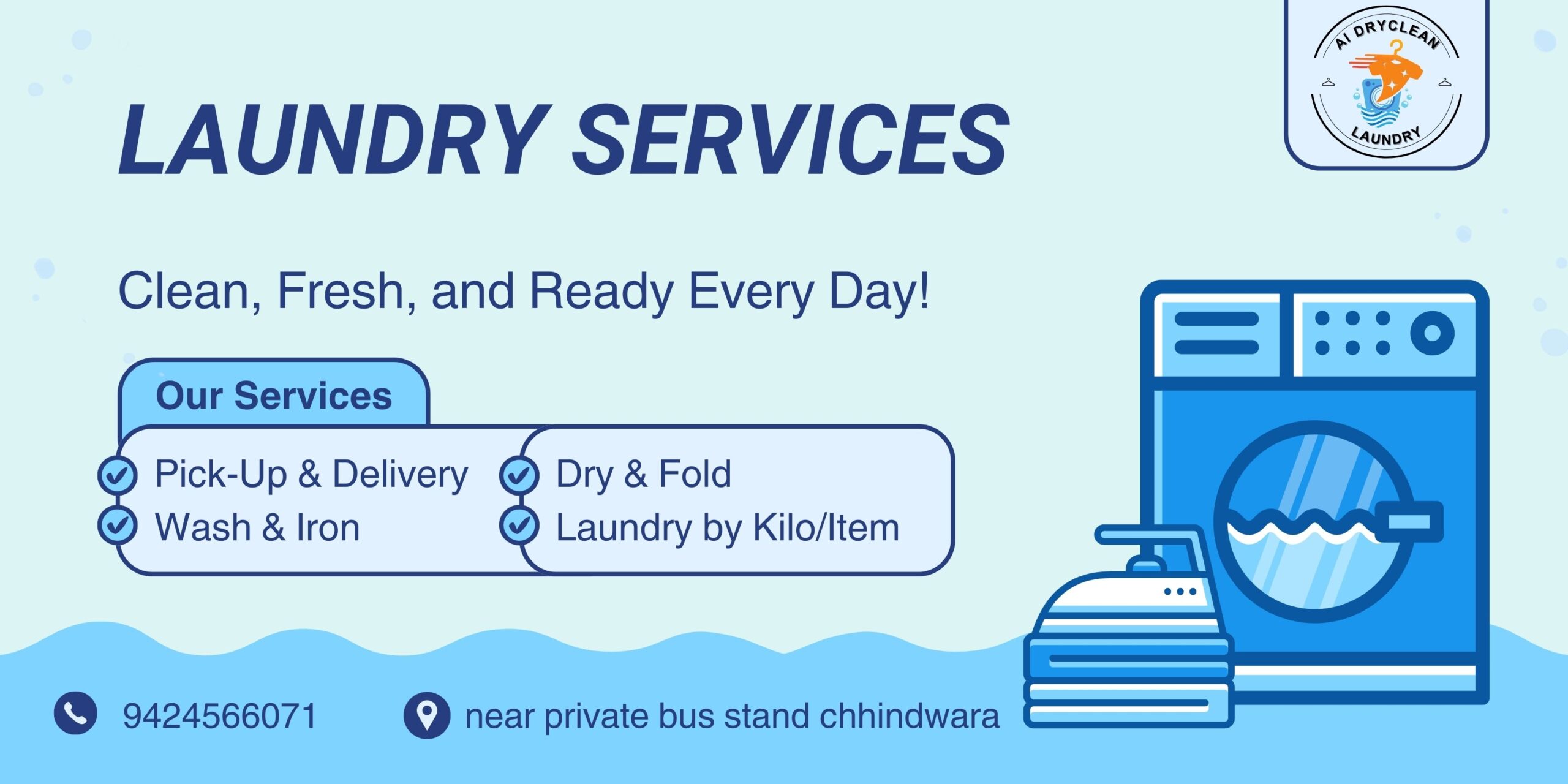 Blue Modern Simple Laundry Services Promotion Banner Landscape